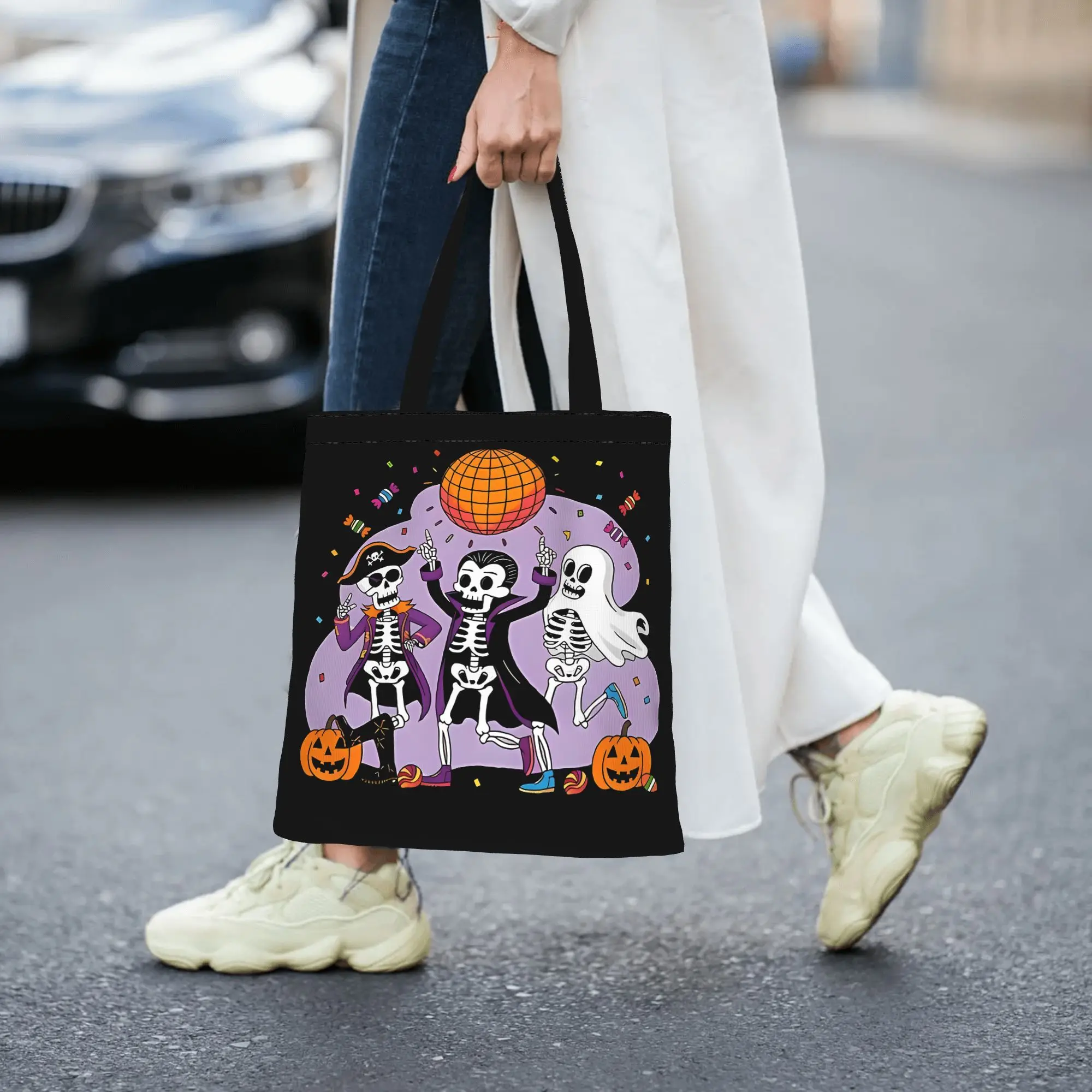 Reusable Trendy Skeletons Unleash The Disco   Fun Halloween Party Shopping Bag Women Tote Bag Portable  Shopper Bags
