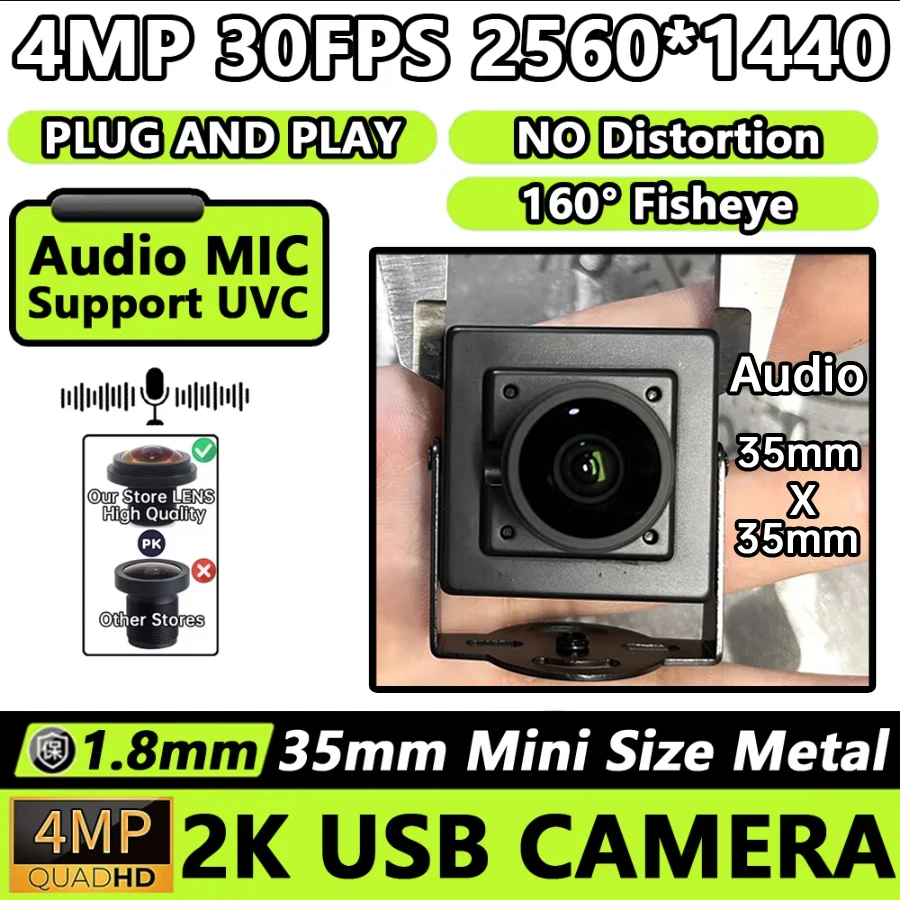 

2K HD 2560*1440 30FPS 160 Degree Wide Angle 1.8mm Fisheye USB Webcam PC Camera Plug & Play High Speed Video Live Computer Metal