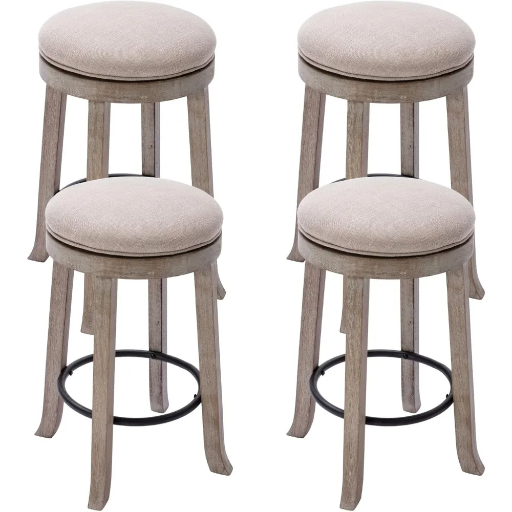 

French Vintage Swivel Bar Stools Set of 4, 26” Counter Height Stools, Fabric Armless Barstool with Rubberwood Legs