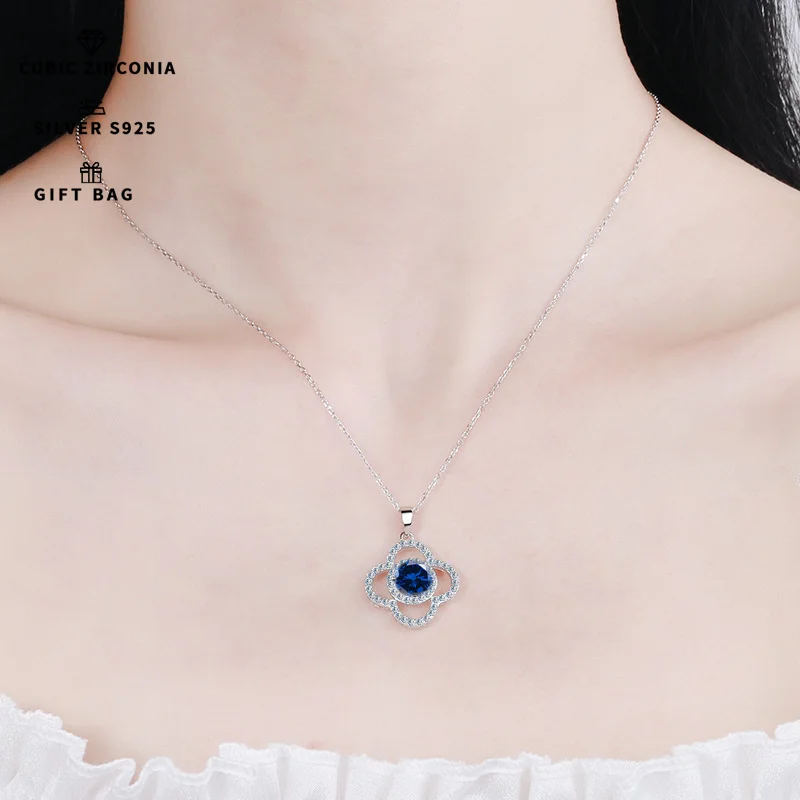 S925 silver Platinum plating inlaid with Tanzanite blue zircon Four-Leaf Clover round pendant,clavicle chain necklace women