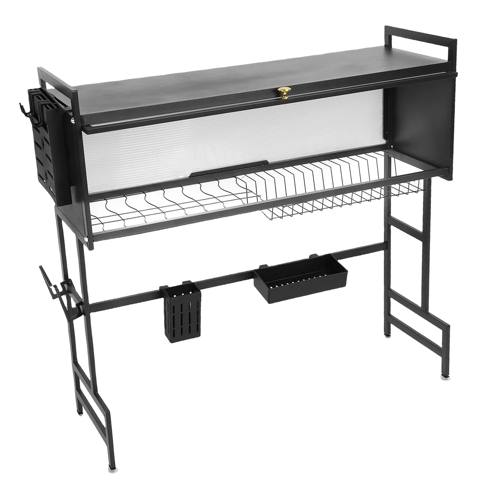 Kitchen Sink Rack Carbon Steel Space Saving 2 Tier Above Kitchen Sink Dish Drying Drainer Rack with Cover for Kitchen