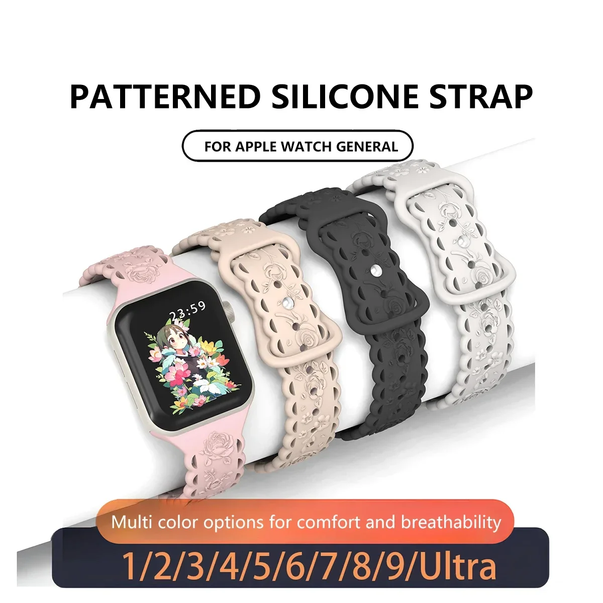 Floral Engraved Strap For Apple Watch Band 40 44 41mm 49mm 45mm 38mm 42mm Silicone bracelet for iwatch series 9 7 se 6 8 ultra 2