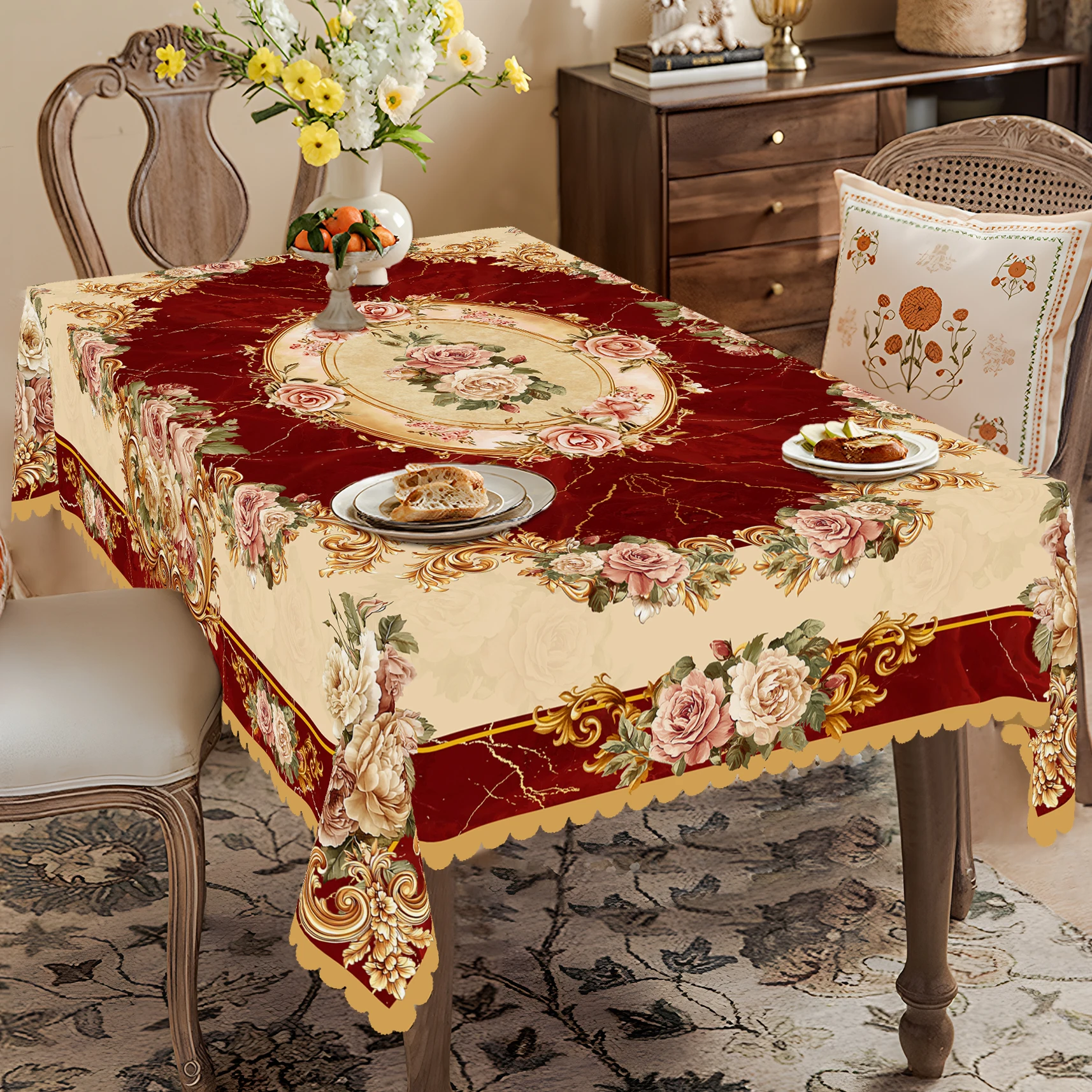 1 Piece of Spring and Summer Floral Round and Rectangular Tablecloth, Available in Various Sizes, with a Burgundy Background Featuring Soft Pink Roses and Vintage Floral Prints with Gold Accents, Embossed Edges, Suitable for Everyday Use in the Home Kitchen, Patio, Spring Home Decor, and Creating a Spring Atmosphere