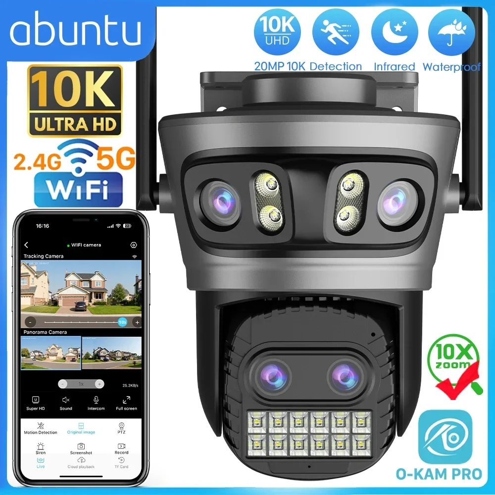 20MP 10K Wifi IP Camera Outdoor Four Lens Four Screens 10X Zoom Surveillance Camera Human Detection Tracking CCTV Security CAM