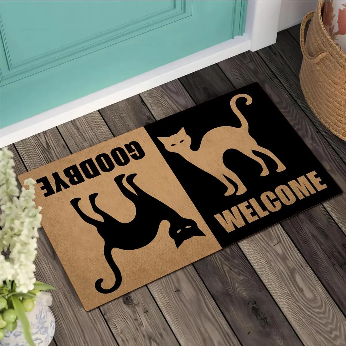 Welcome Goodbye Black Cat Dual-Sided Porch Decor Mat Doormat Rubber Kitchen Floor Mat Non-Slip Carpet Entrance Rug