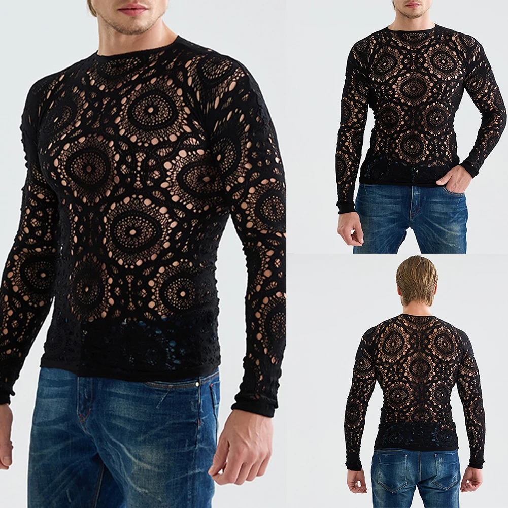 Männer Sexy Elastische Langarm T-Shirts Aushöhlen Mesh Sheer Oansatz Clubwear Durchsichtig Top Mode