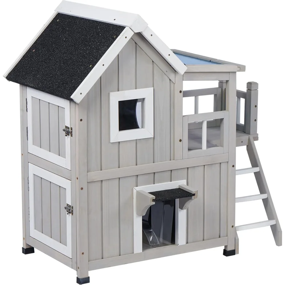 

Outdoor Cat House, Cat Shelter for Feral Cats, Weatherproof 2-Story Wooden Cat House with Escape Door for 2-3 Cats