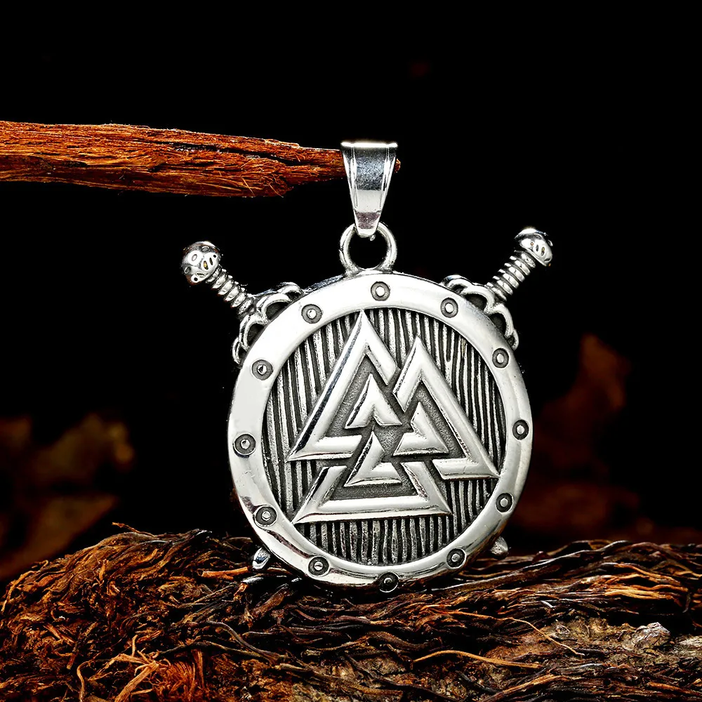 Vintage Valknut Shield Pendant Necklace Stainless Steel Norse Viking Symbol Medallion Amulet For Men Women Fashion Jewelry