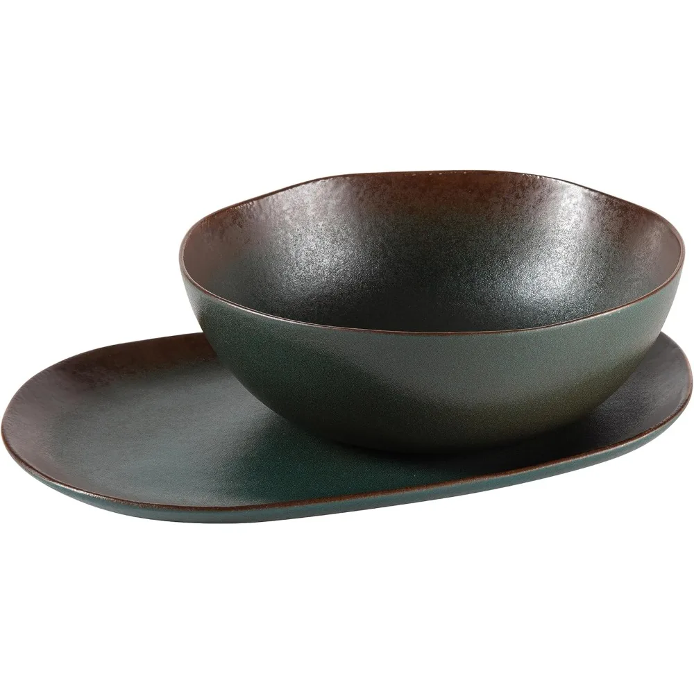 Oprah's Favorite Things - Santorini Mist Double Bowl Terracotta Reactive Glaze Plates and Bowls Dinnerware Set