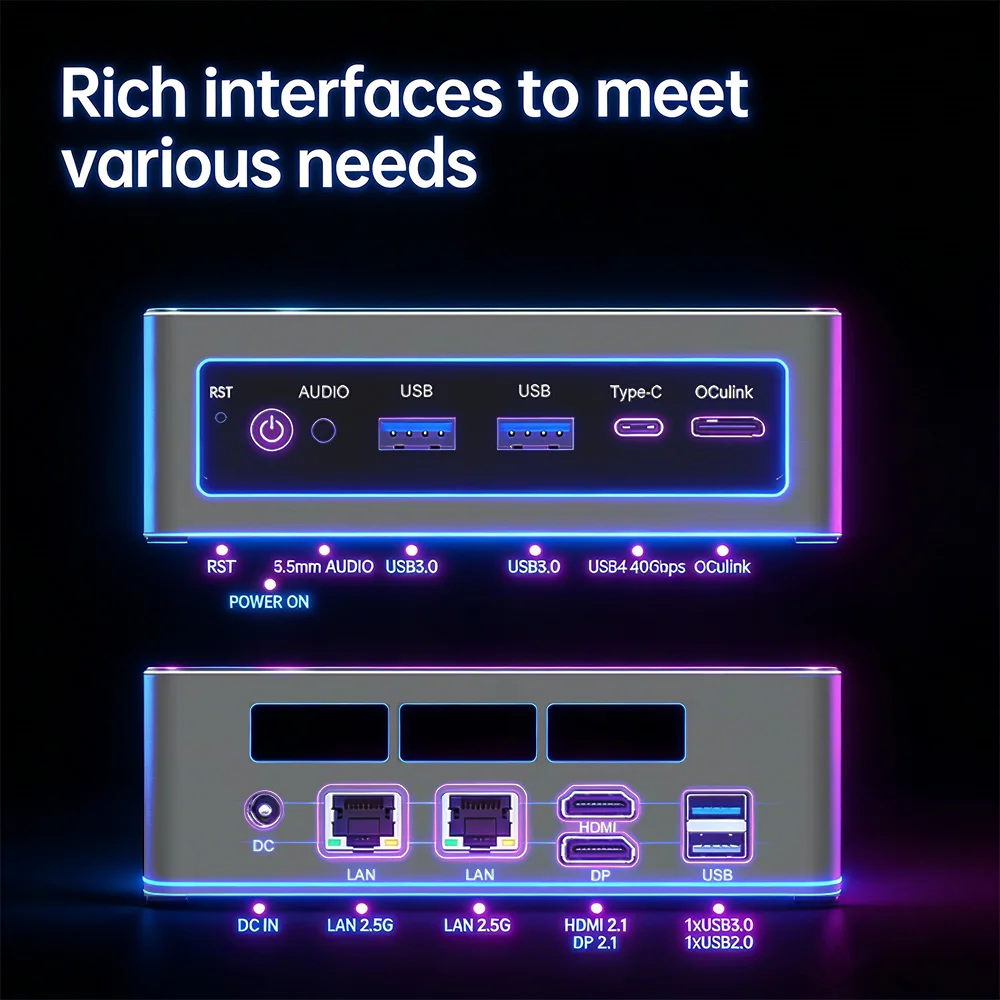 Mini PC da gioco definitiva |   Grafica Intel Core Ultra 9 e ad arco |   Supporto eGPU OCuLink |   DDR5 128 GB |   Doppio LAN e WiFi da 2,5 G