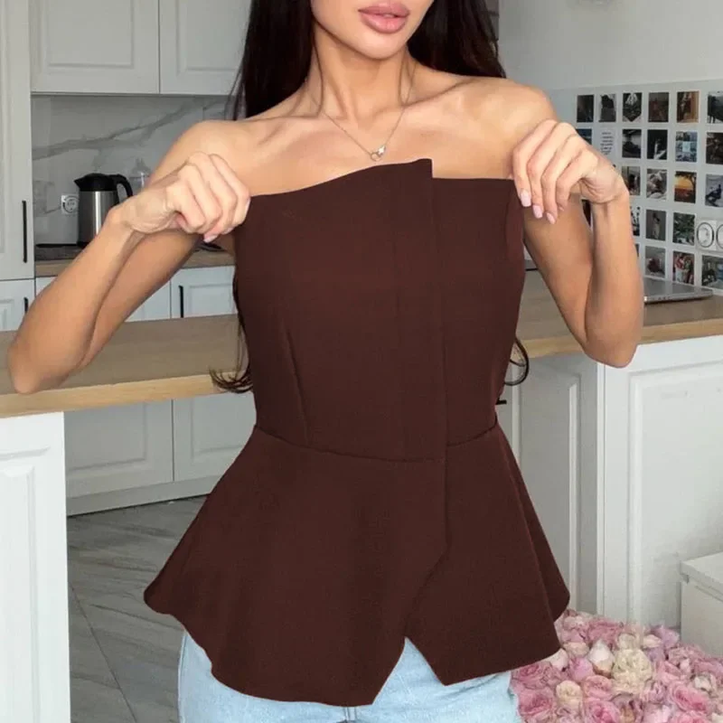 Chic Sexy Solid Lace Up Waist Tees Fashion Off Shoulder Sleeveless Shopping Date Vest New Elegant Irregular Strapless Split Pull