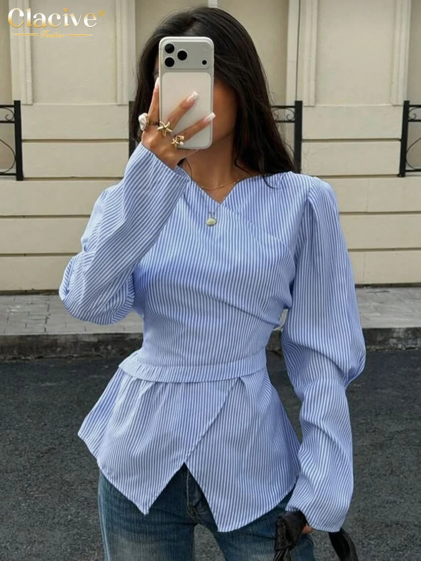 

Clacive Fashion Loose Blue Stripe Women's Blouse 2026 Spring V-Neck Long Sleeve Lady Shirt Elegant Classic Top Female Clothing