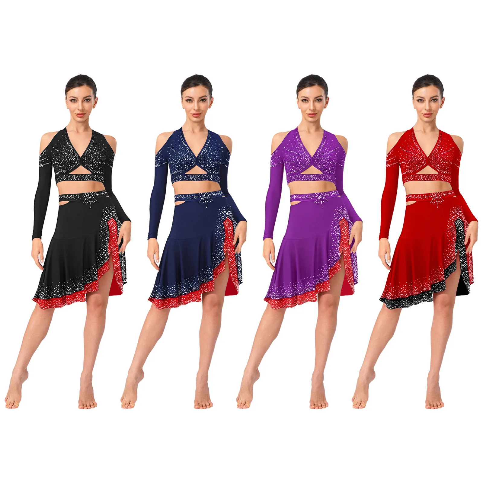 

Womens Rhinestones Jazz Latin Dance Costumes Halter Long Sleeve Backless Crop Top+Skirt Outfits for Tango Cha-Cha Salsa Skating