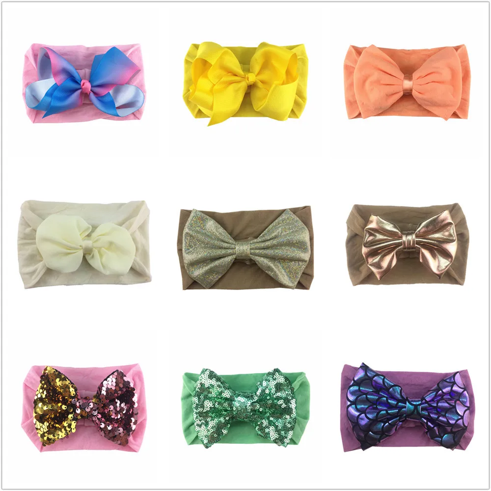 

100 Pcs Wholesale New 4 Inch Flap Sequin Bow Nylon Headband Baby Soft Wide Headband Princess Headwear For Girls