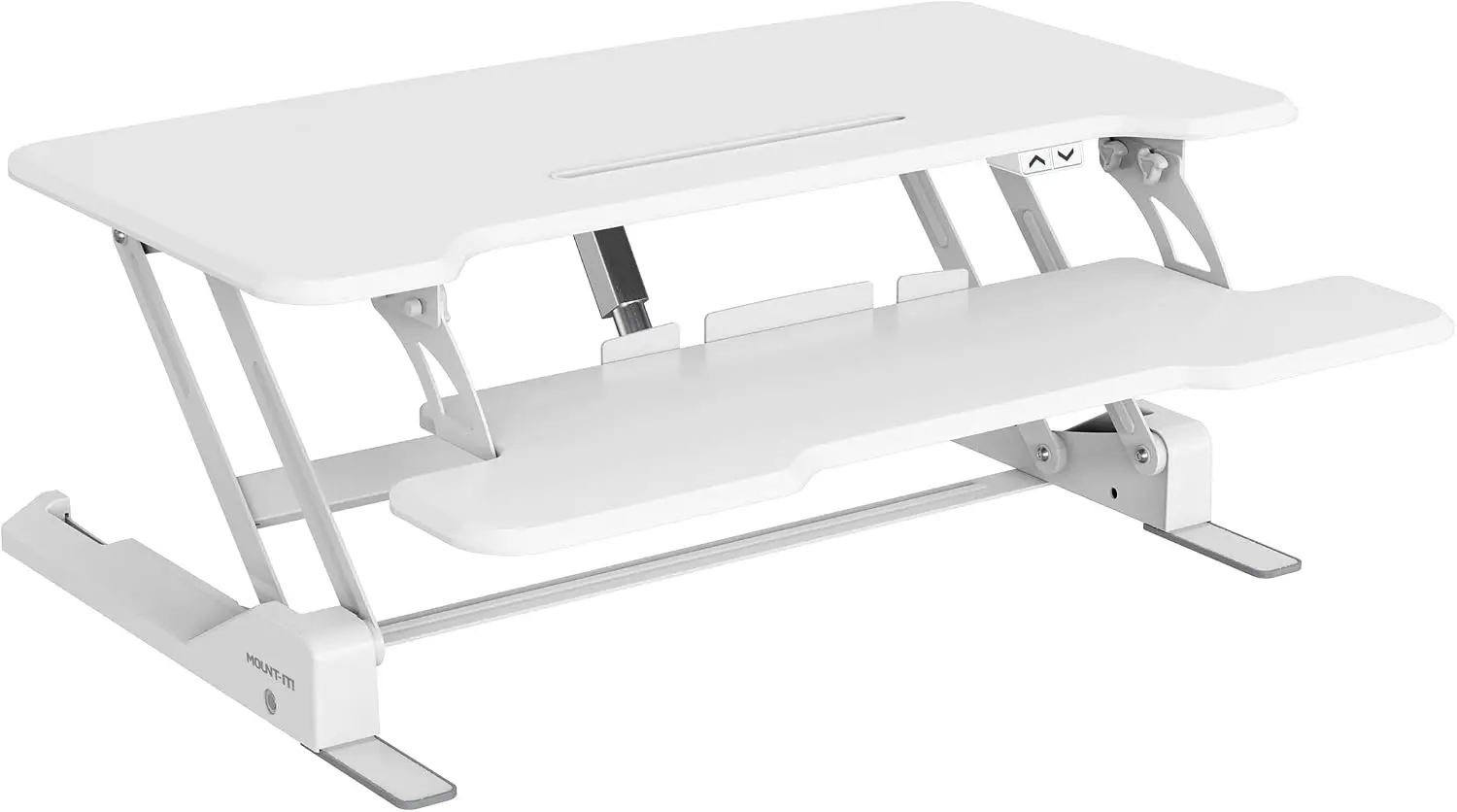 White 38 Inch Wide Electric Standing Desk Converter Stand Up Desk Riser Height Adjustable Sit Stand Tabletop Fits Dual Monitors