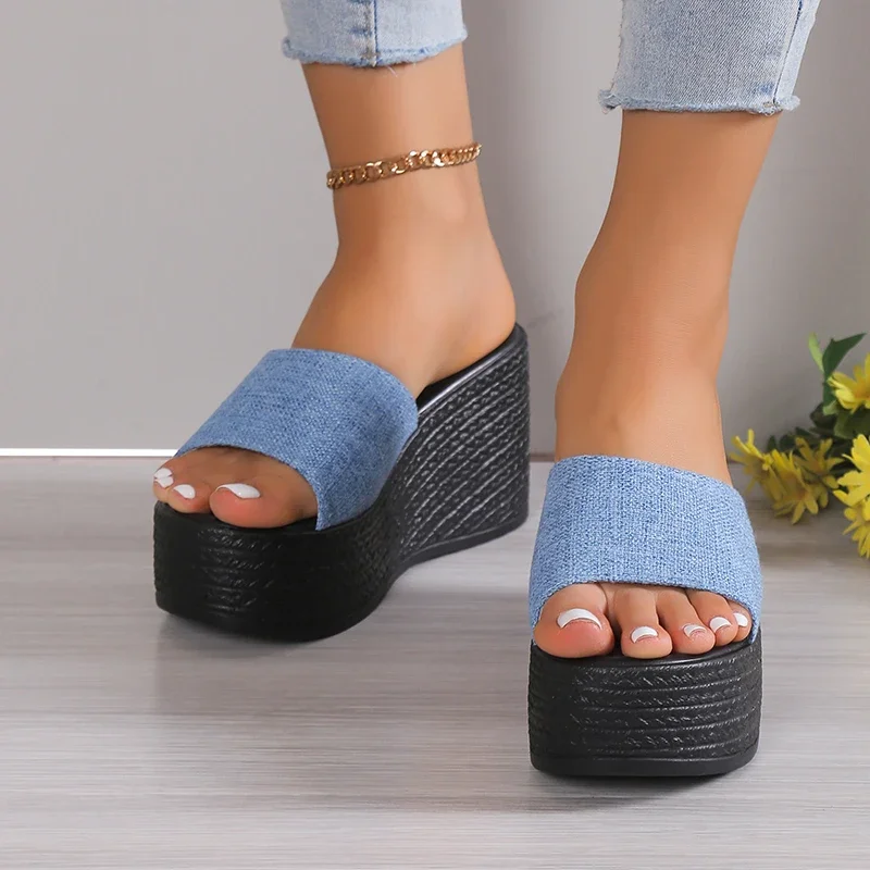 Plus Size Ladies Shoes Summer Fashion Slip-on Women\'s Slippers High Platform Wedge Casual Slippers Women Solid Sandals Ladies