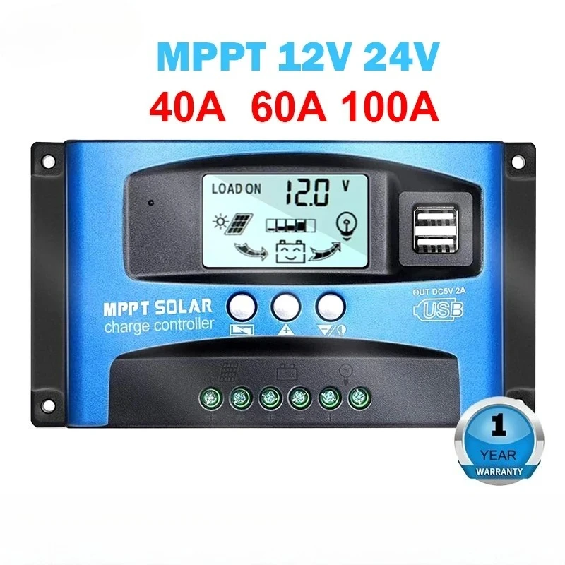 Solar MPPT Solar Charge Controller 40A 60A 100A with Load/Dual USB /LCD 12V 24V Auto Solar Panel Charger Regulator
