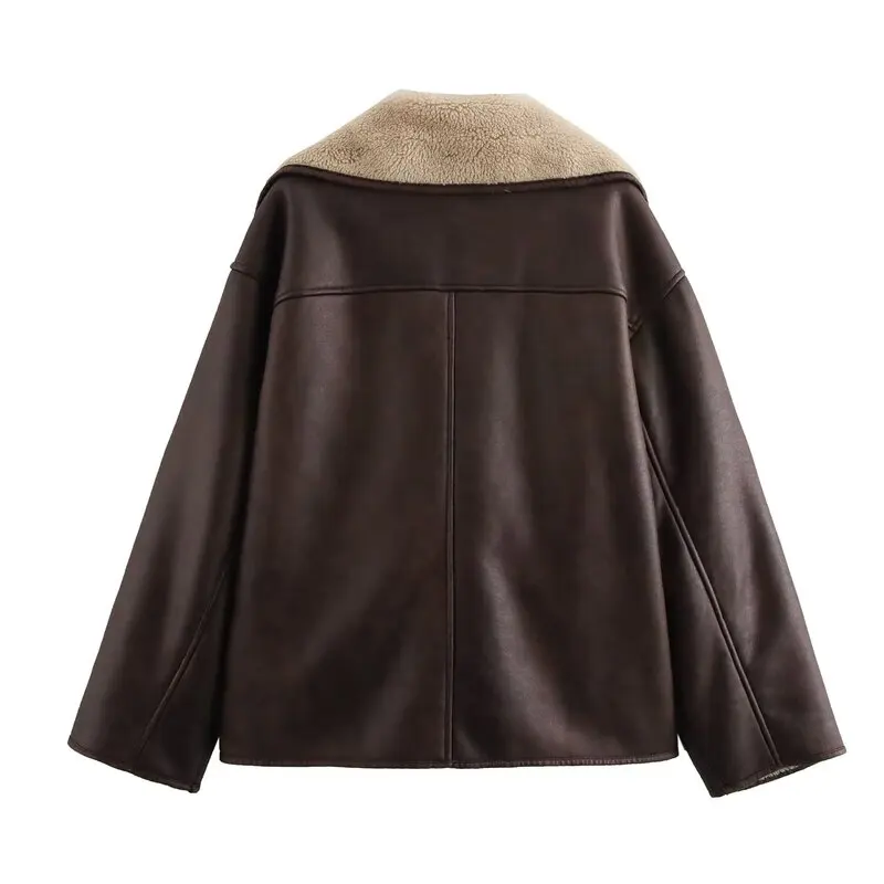 

Double-Sided Flip Collar Long Sve Jaet Outerwear New Autumn Winter Women's Faion Design Loose Fit Regular Length