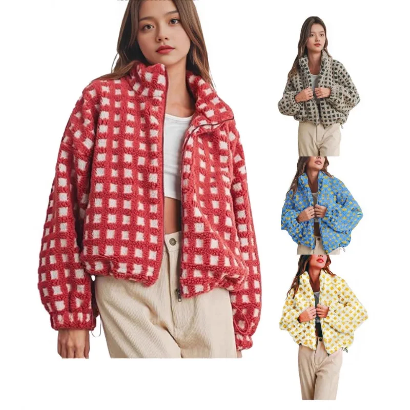 Lamb Wool Fashion Casual Loose Coat Women Jacket Stand Collar Zippers Long Sleeves Checkered Top Fluffy Casual Women's Outerwear