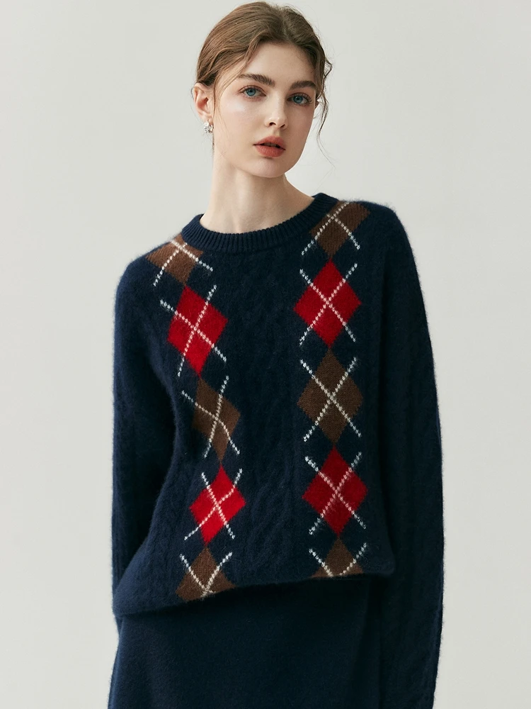 

Light Luxury 100% Pure Cashmere Pullover Sweater Autumn Winter Women O-neck Classi Argyle Cable Knit Coat Thick Warm Loose Retro