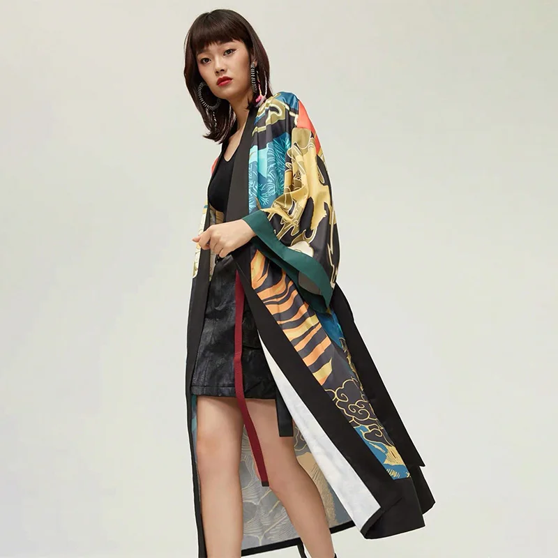 الأوروبية والأمريكية الموضة فضفاضة الرجعية النمر طباعة منتصف طول كيمونو سترة Haori سترة الصيف حجم كبير عطلة الشاطئ نمط قطعة واحدة ملابس السباحة التستر ملابس الحماية من الشمس