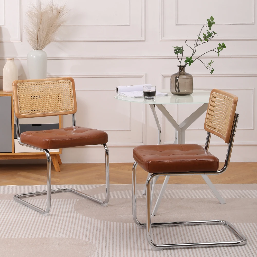 Set aus 2 Retro-Modernen Rattan-Esszimmerstühlen mit Weich Gepolstertem Kunstleder-Kissen Gepolsterte Armlose Küchenstühle für Zuhause Esszimmer Café Abmessungen 52x50x85 cm