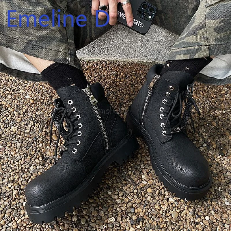 

Yellow Short Boots Fashionable Retro Thick Bottom Height Increasing Versatile Front Strap Design British Style Leather Boots