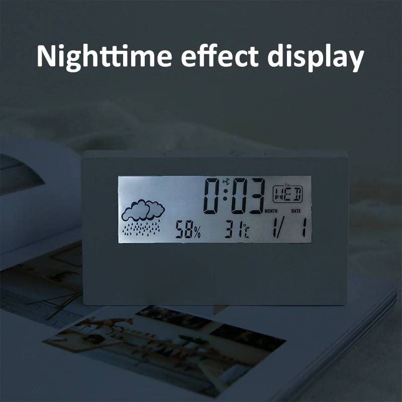 LCD Thermometer Thermo-Hygrometer Creative Weather Display Transparent Digital Alarm Clock Table Clock Weather Station for Home