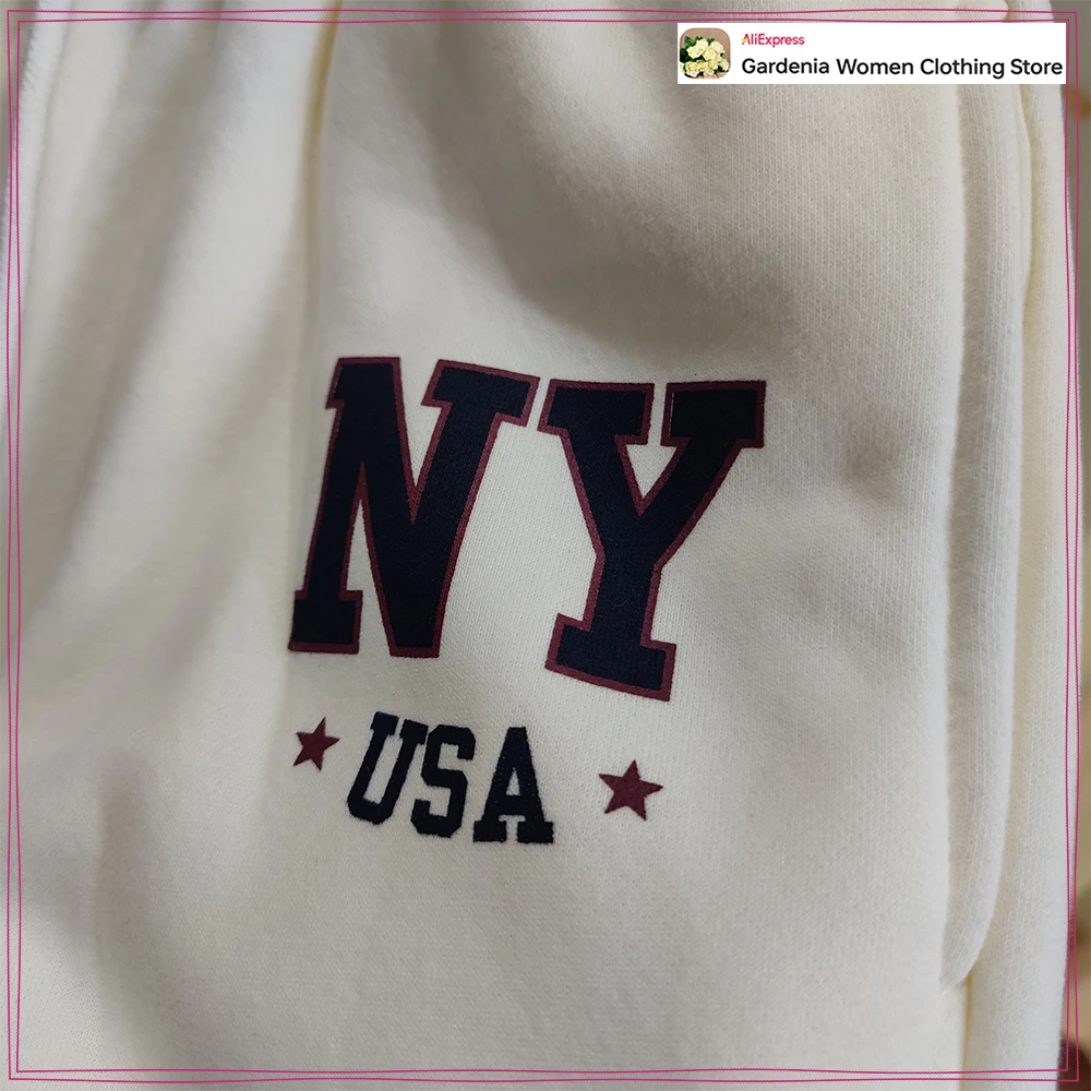 Women Adjustable Drawstring Hood Text Print Fall Outfit White Varsity New York Hoodie & Plush Trousers Aesthetic Baggy Pants Set