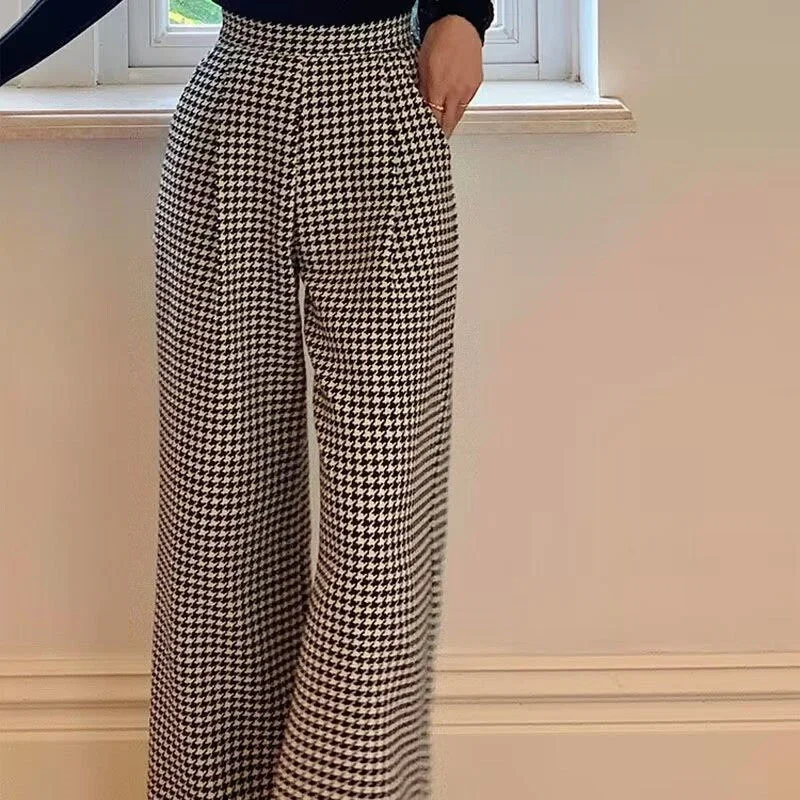 المرأة خمر الكلاسيكية houndstooth و القماش الصوفي مستقيم واسعة الساق بنطلون أنيق مكتب سيدة عالية الخصر فضفاض دعوى السراويل XT788
