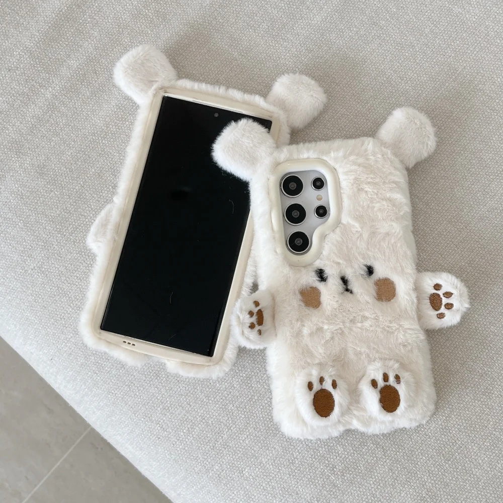 حافظة هاتف محمول لهاتف سامسونج جالاكسي S24 الترا حافظة 5G S23 S25 Plus قطيفة لطيفة قطيفة الدب الأصفر الفتيات هدية غطاء من الفرو المنفوش