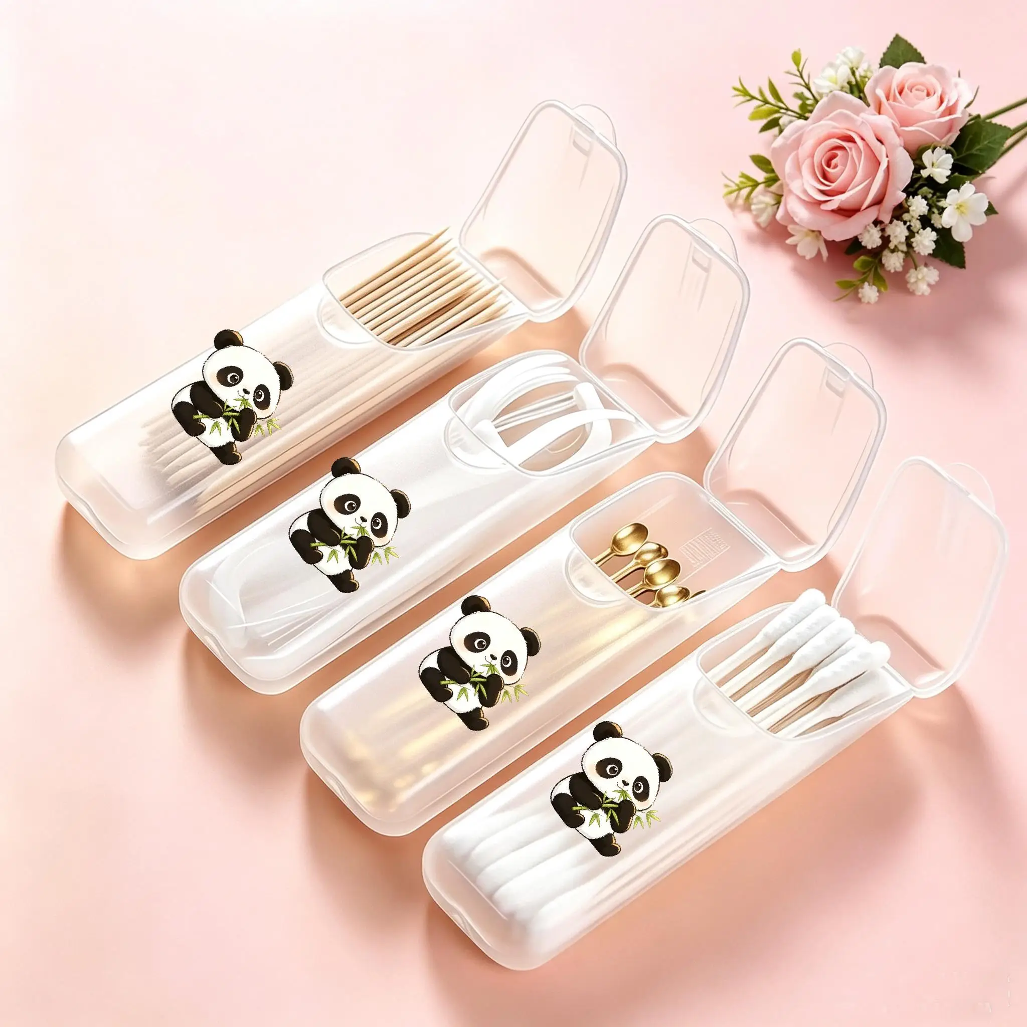 Panda Hugging Bamboo Mini Storage Box, Travel Pill & Capsule Case, Food-Grade PP Container for Toothpicks, Dental Floss, Small P