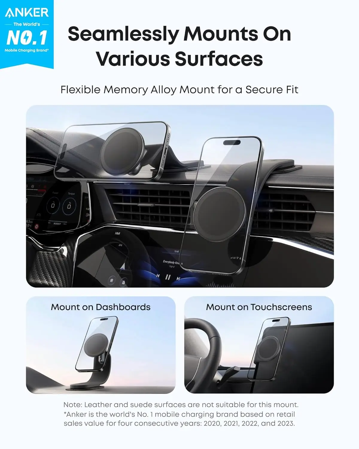 Anker Nano afneembare autohouder, 360 graden verstelbare autotelefoonhouder met beugel en magnetische ring, voor iPhone