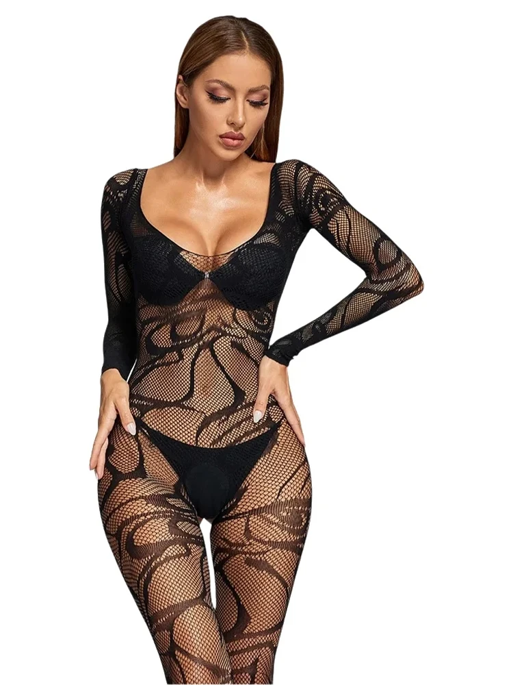 

Women's Sexy Lingerie Long Sleeve Black Mesh Bodysuit Sheer Floral Pattern Deep V Neck Bodystocking Exotic Night Club Underwear