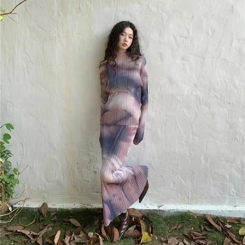 Printed Pleated Semi-high-neck Long-sleeved Top and Skirt Set for Women Elegant Temperament Versatile Design Sense Korean-style