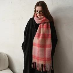 Design Wool Scarf Women Winter Elegant, Minimalist Thickened Warm Soft Pink Plaid Tassels Scarves 217*36cm