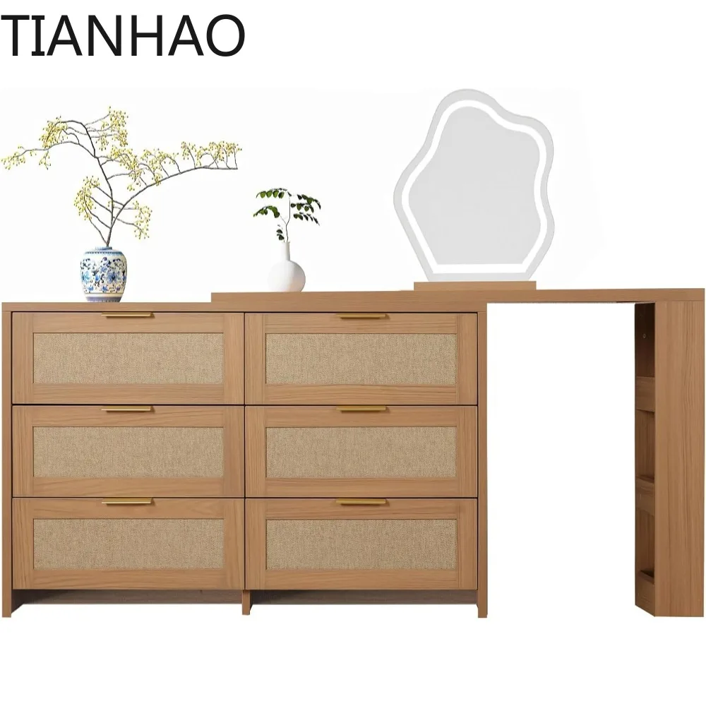 Rattan Makeup Vanity Set with LED HD Lighted Mirror,50-90in Extendable Mid-Century Modern Vanity Table, 6-Drawer Solid Storage