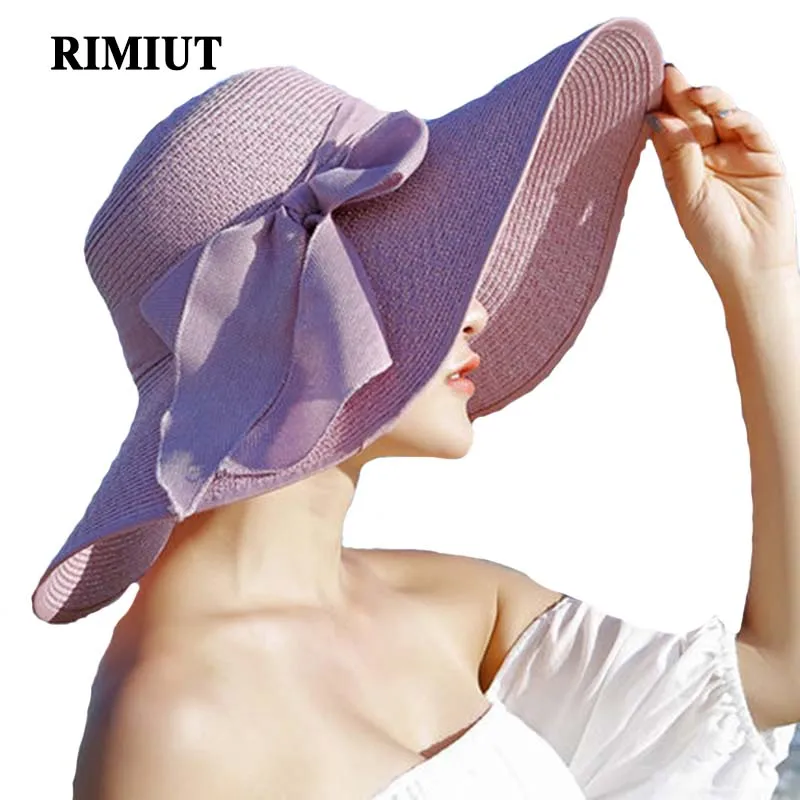 Rimiut Beach Sunscreen Summer Straw Hat Folding Beach Hat Female Big Cap Sunhat Beach Vacation Travel Sun Hat