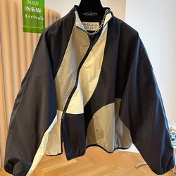 Chaqueta frontal inclinada de retazos de color contrastante para mujer, gabardina corta holgada con cuello de pie, ropa de invierno