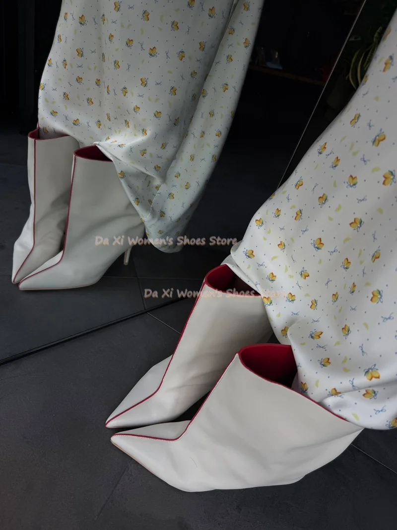 White Red Lining Color Blocking Ankle Boots Pointed Tip Stiletto Heels Wide-leg / Wide-Shaft Slip-on Turn-cuff Fashion Boots