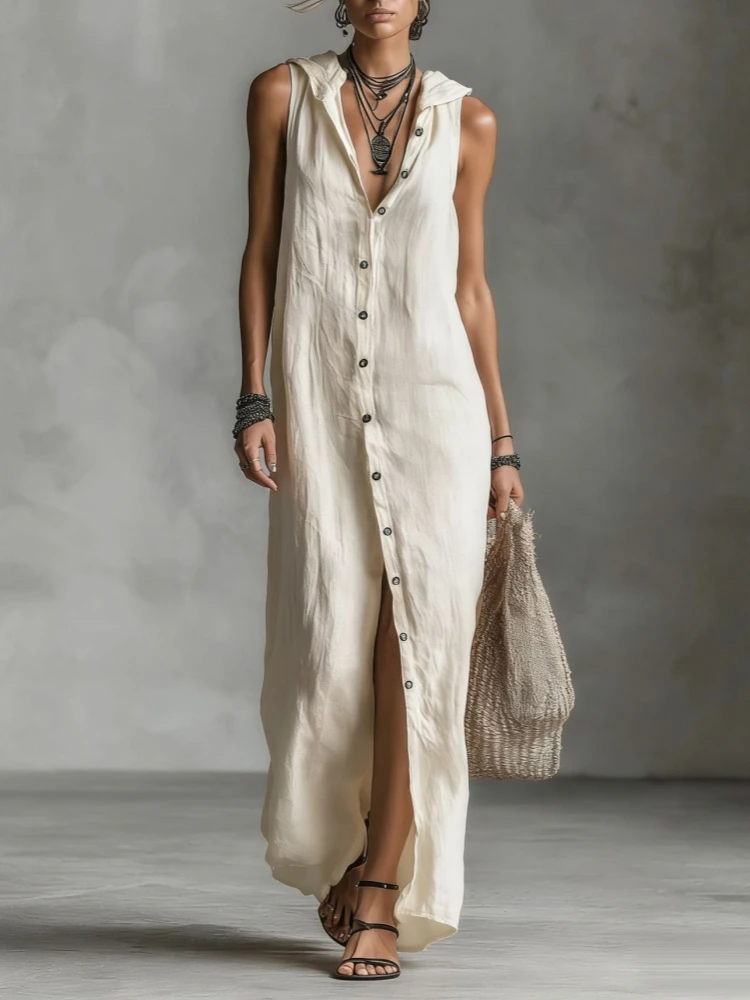 

Женское хлопково-льняное платье с капюшоном, свободного кроя, с V-образным вырезом, на пуговицах, без рукавов, повседневное, для весны и лета, для пляжного отдыха, Vestido