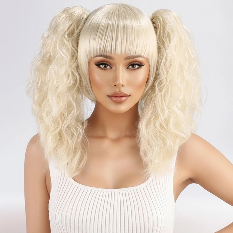 

White double ponytail with bangs and claw clip Lolita style full wig for girls