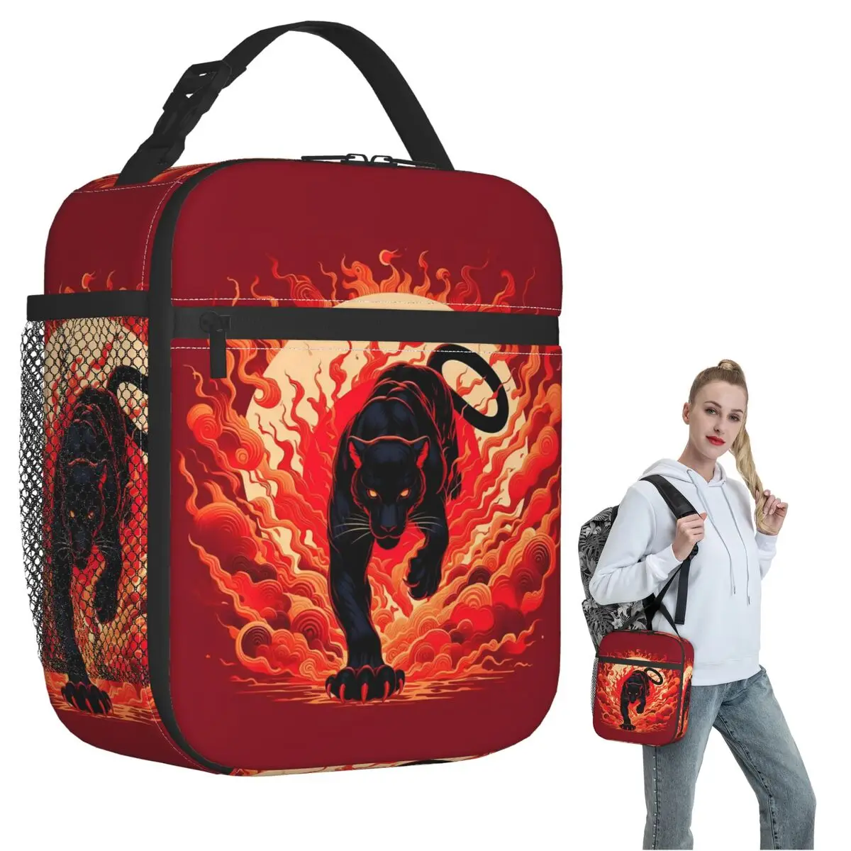 Black Panther Leopard Walking From Flame Insulated Lunch Bag for Women Children Portable Food Boxes Thermal Lunch Box Tote