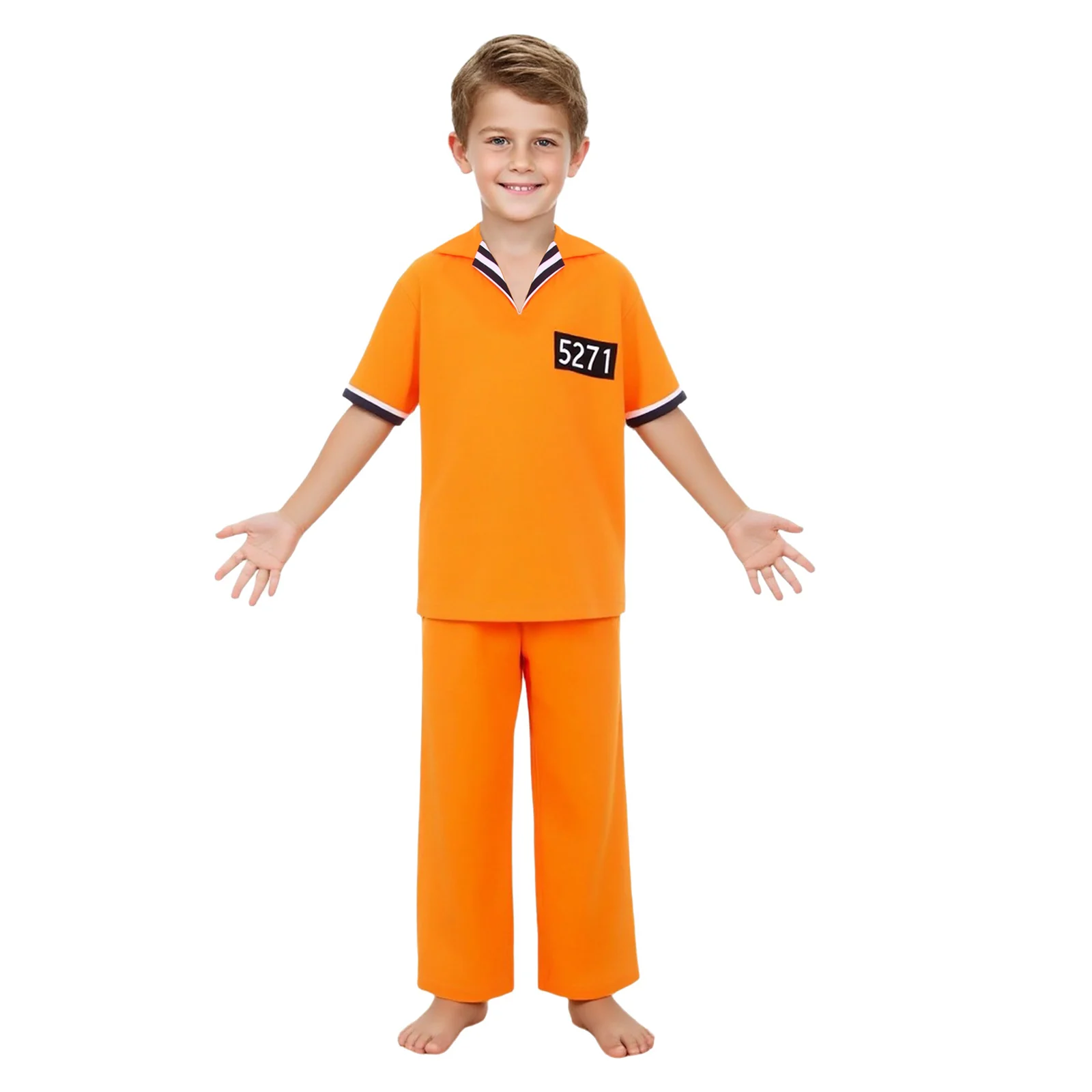 

Boys Girls Orange Prisoner Halloween Cosplay Costume Letter Print Loose Top And Two Pockets Long Pants Convict Jail Criminal Set