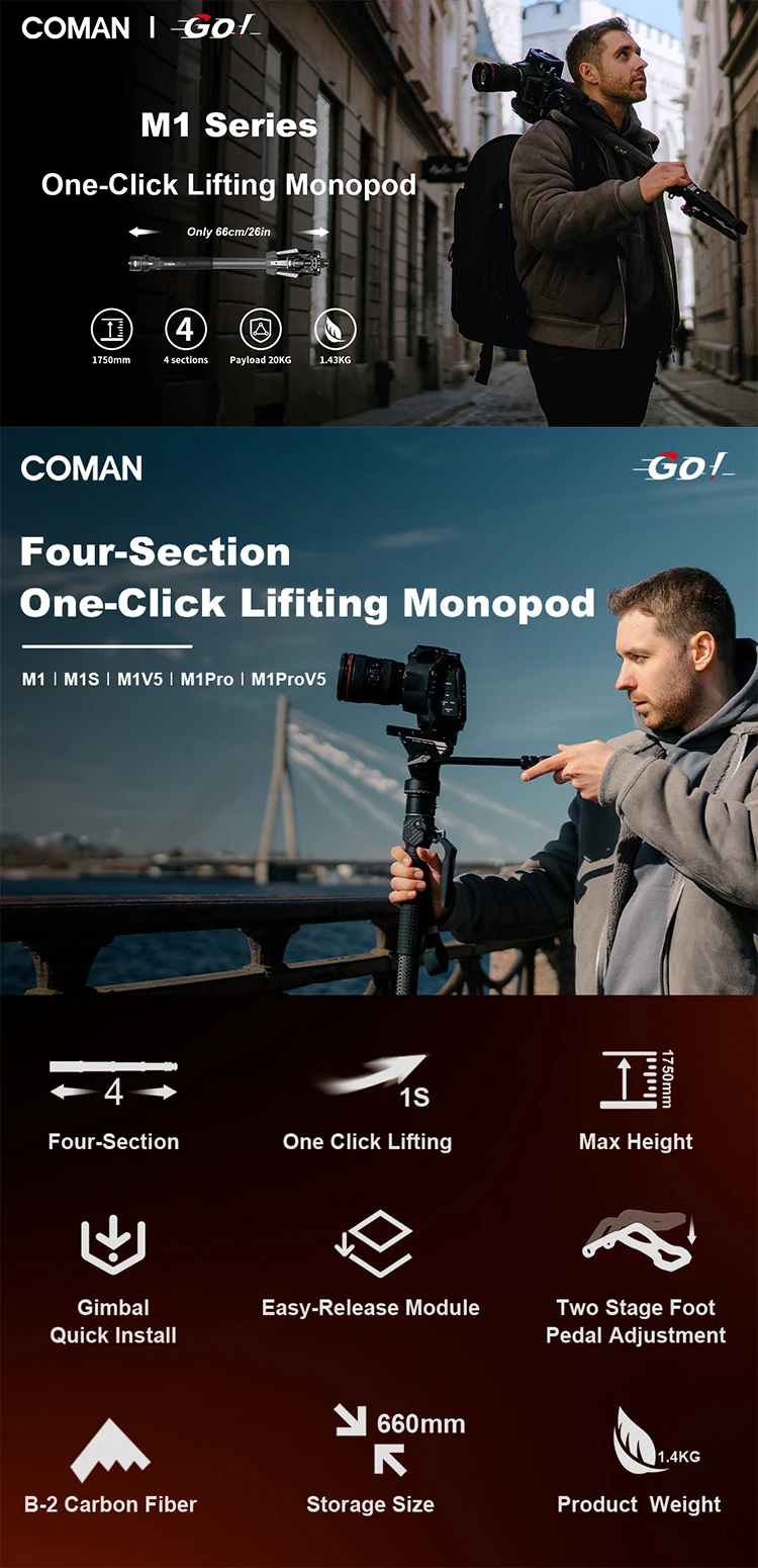 COMAN M1 PRO V5 4-Abschnitte One Click Lifting Carbon Fiber Einbeinstativ mit Schnellverschluss-Fußverschluss für DSLR-Kamera-Reisestativ – Detail 1
