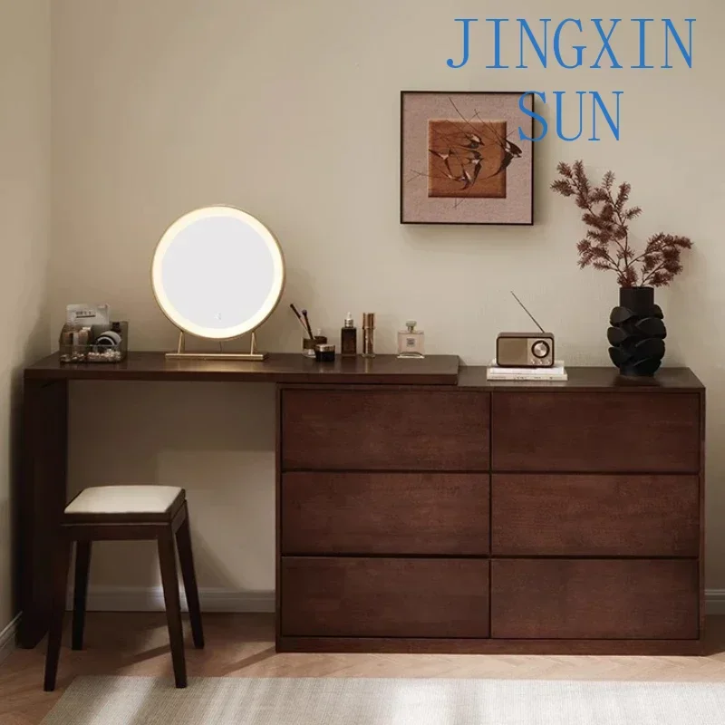 Makeup Vanity Table Chest Of Drawers Retractable Dressing Vanity Desk With Light Mirror With Seat Storage Cabinet Paint Coffee