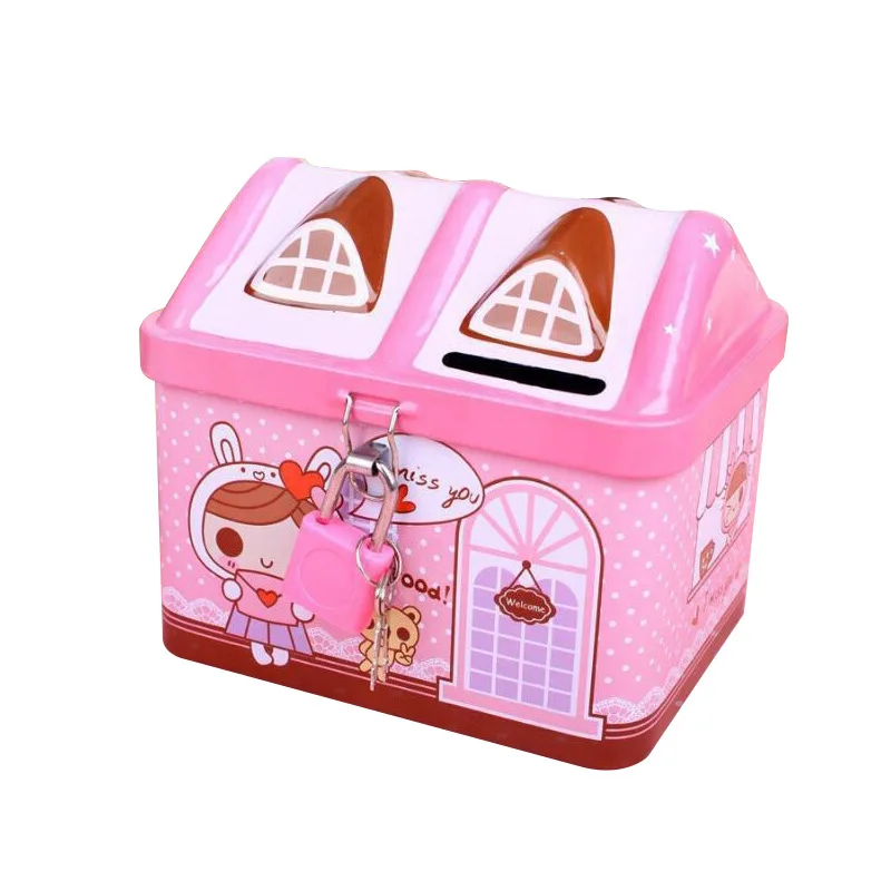 ใหม่โลหะ House Shape Piggy Bank เหรียญปลอดภัยกล่องเด็ก Piggy Banks กุญแจล็อคกล่องเงิน Kawaii Creative ของขวัญเด็ก