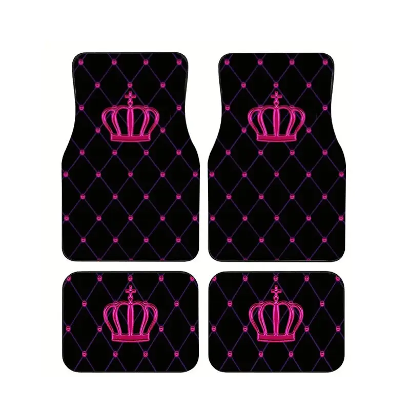 

4pcs Pink Crown Print Car Floor Mat Universal Non-Slip Washable Polyester Auto Floor Carpets Set Interior Accessories For SUVs