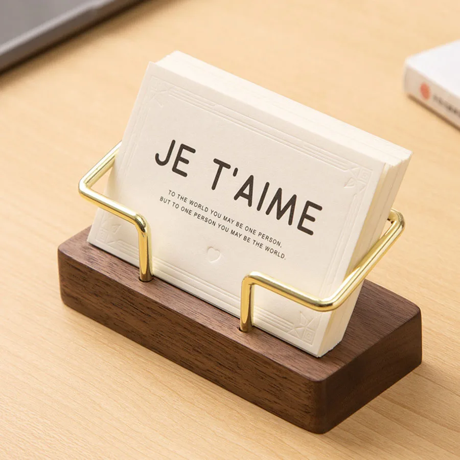 Business Card Holder Organizer Office Desk Display Stand Memo Wood Card Holder With Gold Metal Frame Business Accessories Kit