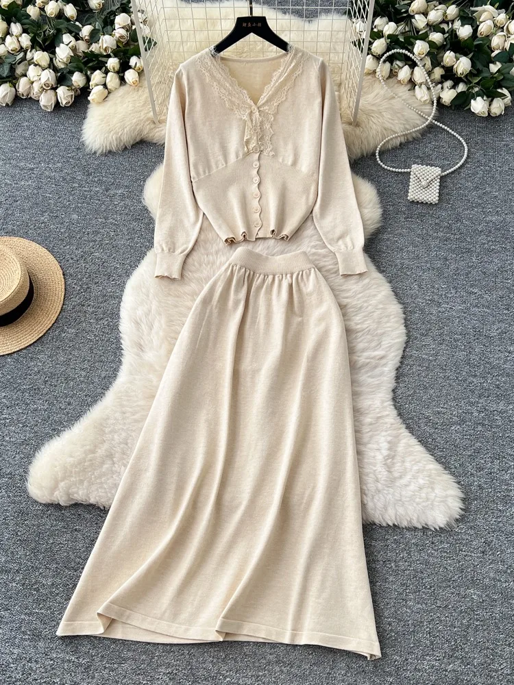 

Fashion Lace V-neck Solid Button Long sleeve Knit Sweater+Elastic Waist A-line Midi Skirt 2-piece Set Autumn Women's Suit Korean